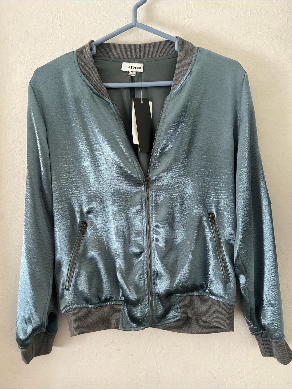 storee Metallic Teal Bomber Jacket - Women's Shiny Varsity Zip Jacket